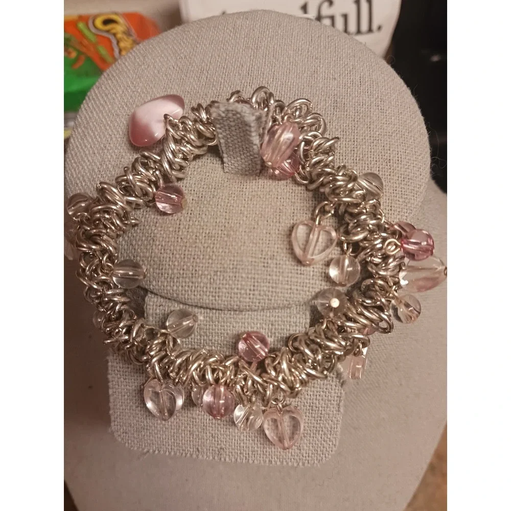 Silvertone Pink Heart Glass Bead Chunky Chain Link Stretch Bracelet Y2K Coquette
